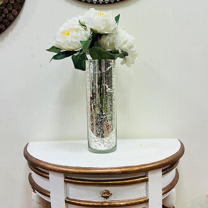 Hosley Silver Mercury Glass Vase Set of 2 Pcs, Large Glass Vases for Flowers, Vases in Bulk, Vintage for Centerpieces, Ideal for Home Décor, Livingroom, Office, Spa