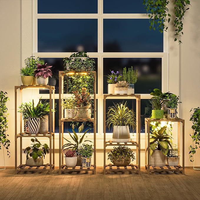 Bamworld Plant Stands with Grow Lights Indoor 4 Sets Plant Shelves Outdoor Wooden Plant Holder for Multiple Plants Flower Stands for Living Room Balcony Garden Patio Lawn Window