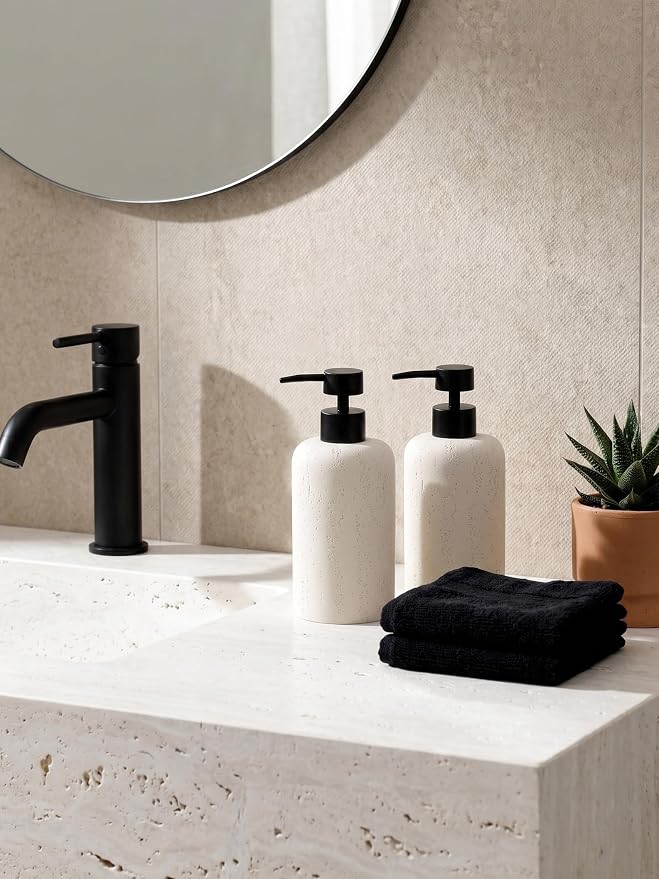 Soap Dispensers 400mL 13.5 OZ, 2 PCS Luxurious Hand Dish Lotion Shampoo Soap Dispenser Jar, Travertine Soap Pump Bottles for Kitchen Bathroom Countertop (Cream)