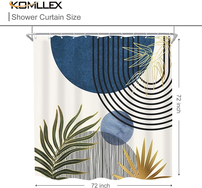 KOMLLEX Mid Century Blue Green Boho Shower Curtain 72Wx72L Inches Abstract Modern Shower Curtains for Bathroom Decor Plant Botanical Minimalist Arch Sun Fabric Liner Waterproof Polyester 12 Pack Hooks