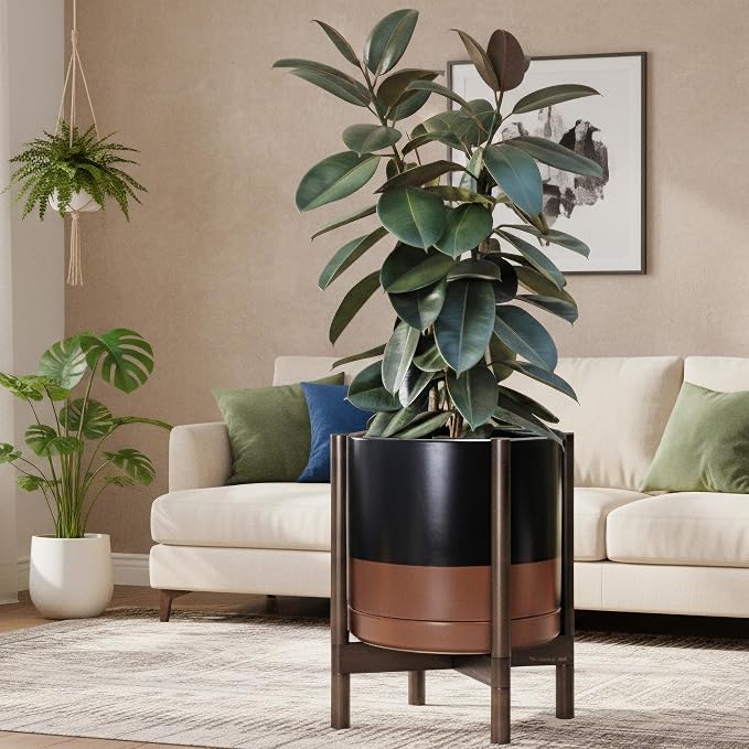 D'vine Dev Ceramic Planter with Walnut Color Stand - 14 Inch Modern Round Flower Pot with Wood Planter Holder, Black/Speckled Tan, 55-B-T-7