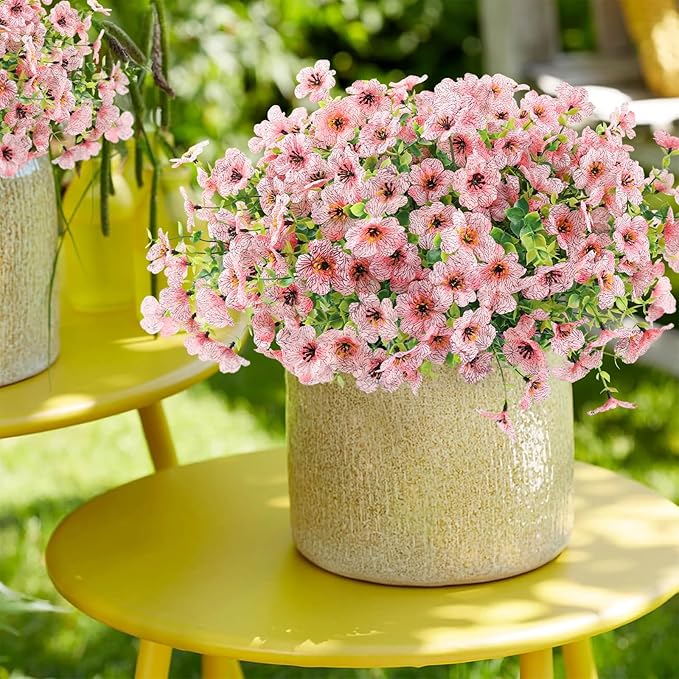Artificial Flowers Outdoor Faux Plants UV Resistant Fake Patio Flowers Plastic Greenery Plnats Outside Bulk for Spring Garden Hanging Planter Home Vase Decor, 12 Bundles (Pink)