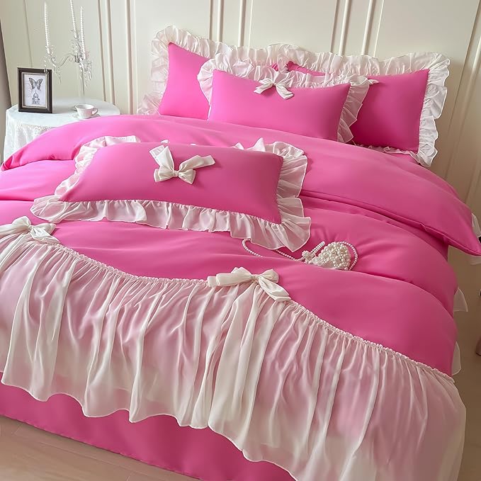 Girls Lace Bedding,Queen Comforter Cover Set, Chic Ruffled Duvet Cover with Lovely Bow,Princess Style 1 Duvet Cover with 2 Pillowcases, No Comforter-Hot Pink,Queen Size