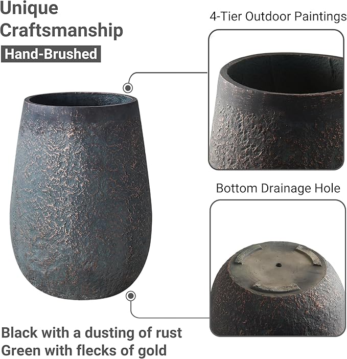 Wallowa 20" H Weathered Concrete Tall Planter, Black Large Outdoor Indoor Decorative Flower Pot with Drainage Hole, Modern Round Style for Home, Garden, Patio, Courtyard, Bronze Rust with Green Tone
