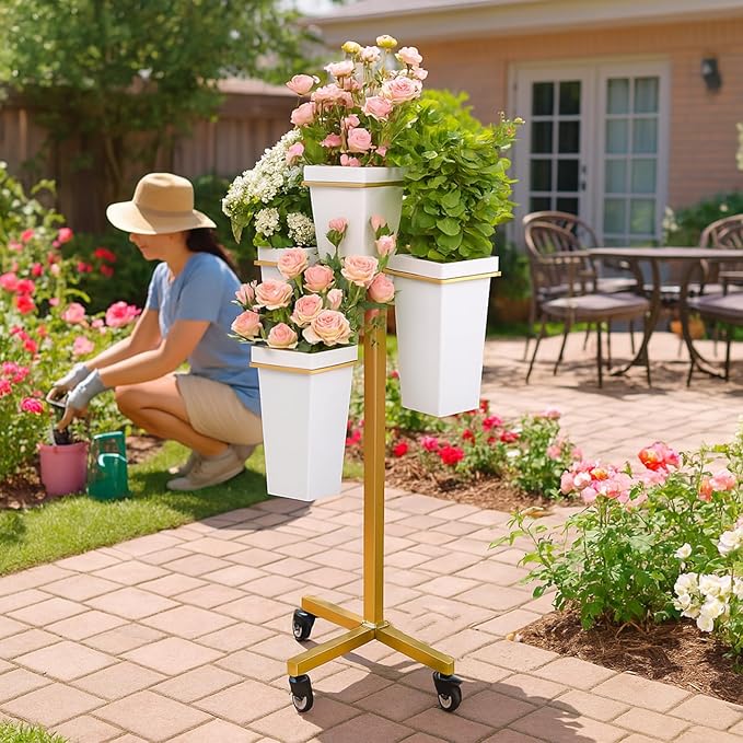 Dyale Flower Display Stand with Buckets - Flower Cart with Wheels for Bouquet Shop, Metal Flower Rack Display Stand for Wedding Garden, Party, Events (Gold, Square buckets)