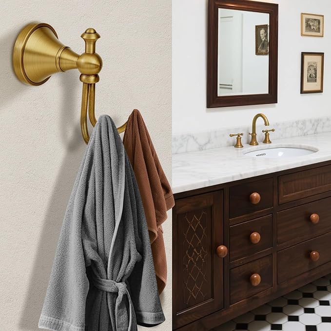 Antique Brass Towel Hook, Brass Bathroom Robe Hook, Rustic Double Towel Hooks Bath Farmhouse Coat Clothes Hook Wall Mounted for Bathroom Kitchen Washroom