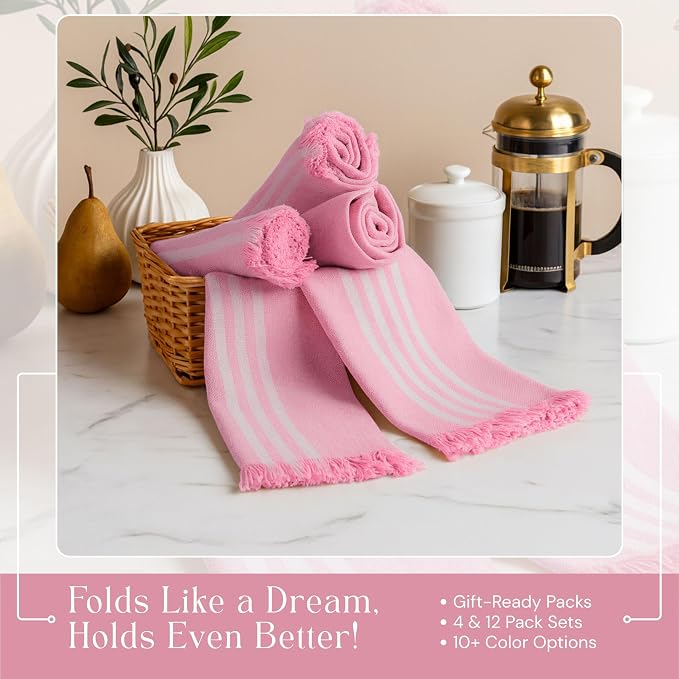 Prewashed Stripe Tea Towels 12 Pack, 16x26 Inches, Dish Cloths for Cooking and Cleaning, Quick Dry Kitchen Rags, Reusable Hand Towels for Drying Dishes and Surfaces - Rose Pink