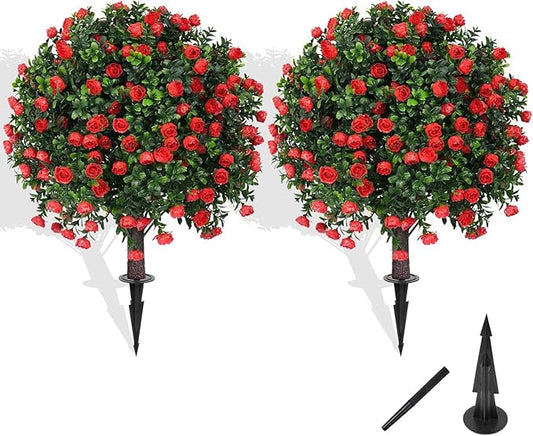 (2-Piece Set) Rose-Shaped Artificial Boxwood Topiary Trees – Designed for Artificial Landscape Shrubs, Shrub Bushes with Ground Spikes, Artificial Flowers