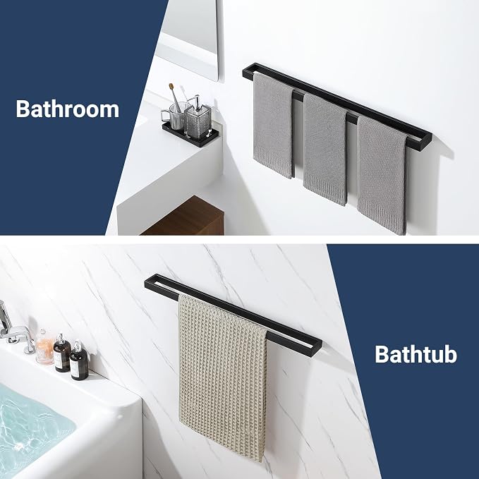 Sayayo Matte Black Towel Bar for Bathroom, 27.5 Inch Hand Towel Holder Wall Mount Square Towel Ring SUS304 Stainless Steel Towel Rack