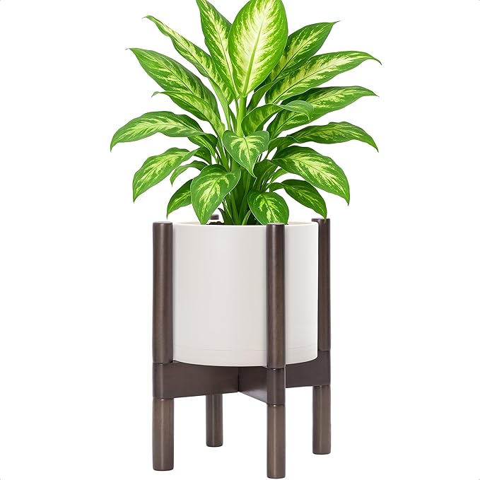 D'vine Dev Planter Pot with Stand - 8 Inch Plastic Cylinder Flower Pot with Wood Planter Holder for Indoor, Oatmeal Pot + Walnut Color Stand, 55-C-I-4