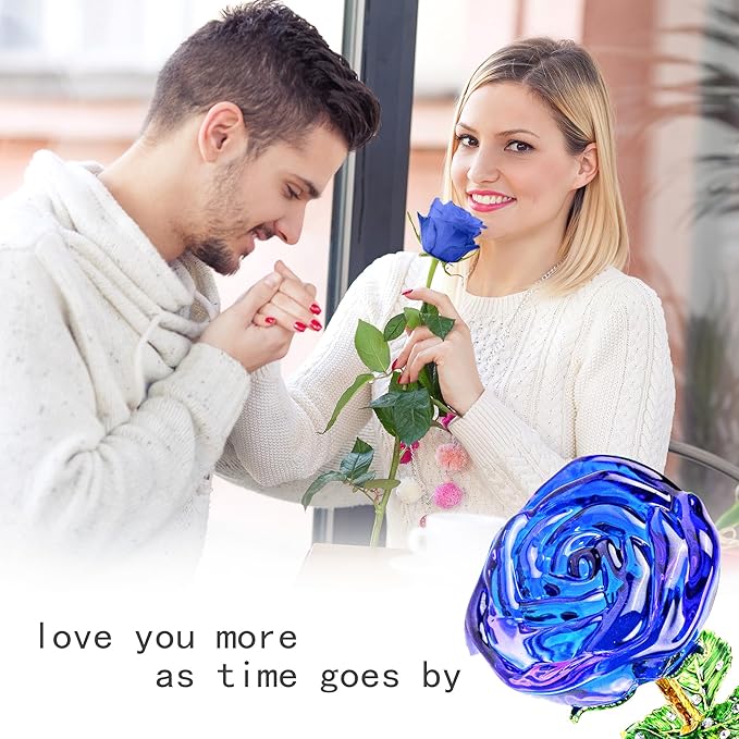 HDCRYSTALGIFTS 9.5'' Crystal Rose Flower Glass Blue and Green Flowers with Green Leaves for Wedding Anniversary/Wife, Romantic Forever Gifts for Her (Pack of 2)