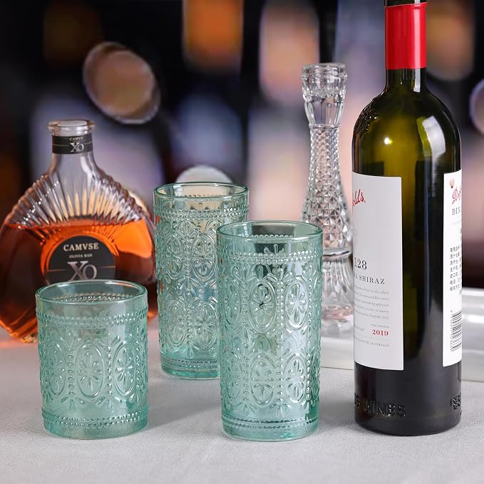 abrwyy Green Drinking Glasses Set of 4, Vintage Drinking Glasses, Colored Glassware Drinking, Highball Beverage Glasses Cup, Vintage Glassware Set for Water, Juice, Cocktail, Coffee