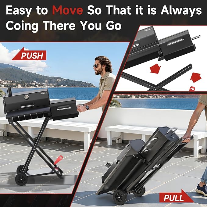 kscocinaBBQ Portable Charcoal Grill with Smoking Function, Foldable Suitcase Design with Wheels, Multi-Tier Storage Rack & Waterproof Cover for Outdoor BBQ Parties (Black)