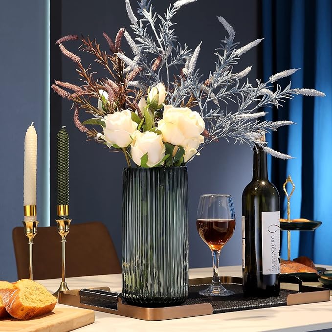 Large Cylinder Ribbed Green Glass Flower Vase for Farmhouse Dining Table Centerpieces Decor