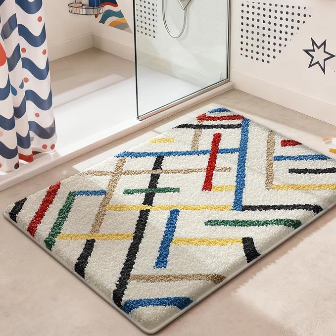 LUMI Bathroom Rugs with Colorful Line, Soft Absorbent Bath Mat for Modern Home Decor, Non-Slip Quick-Dry Bath Rug, Machine Washable Floor Mat for Shower and Tub, Entryway, 16"x24", Colored Line