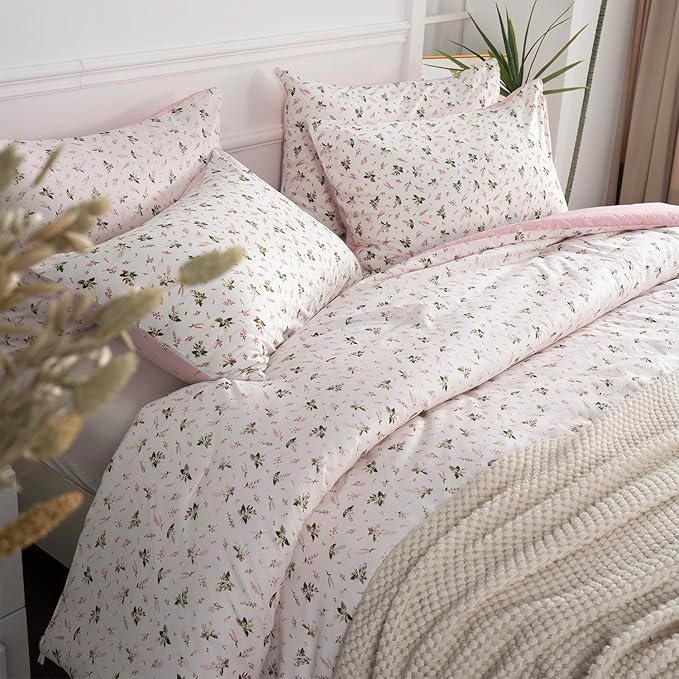 Floral Comforter Set Full Soft Bedding Comforter Set 3 Pieces Garden Style Pink Flower Print Botanical Flowers Comforter Set for All Seasons 1 Comforter and 2 Pillowcases (Floral, Full)