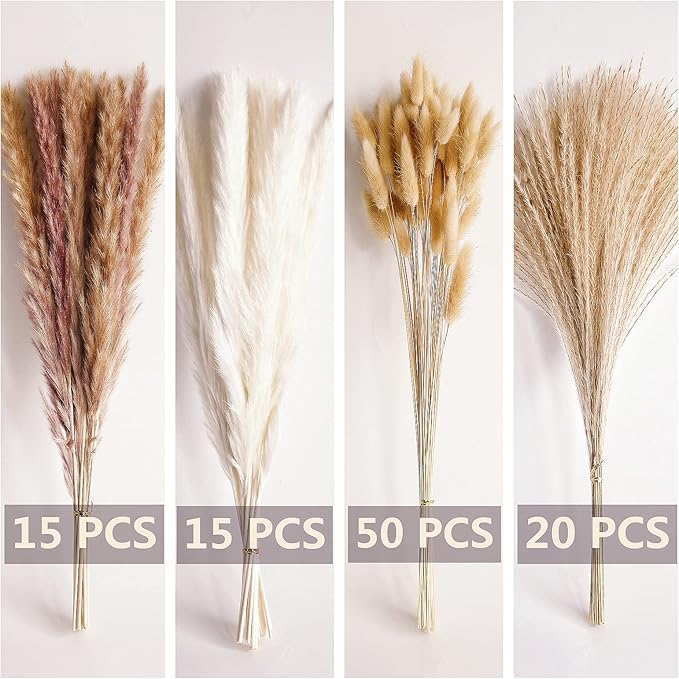 100 PCS Small Boho Pampas Grass, 17" Naturally Dried Pompas, Pampas Grass Decor for Wedding , Boho Party Decorations, Table Decor（Brown and White）