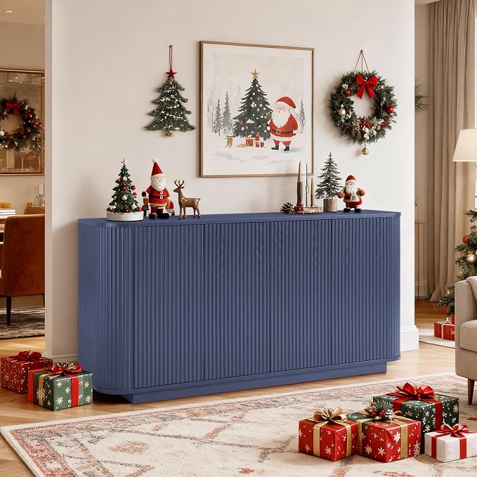 64" Sideboard Buffet Cabinet with Storage, Modern Fluted Accent Credenza with Adjustable Shelves, Wood Coffee Bar Console Table for Living Room Kitchen Dining Room Hallway, 31.5" H, Blue