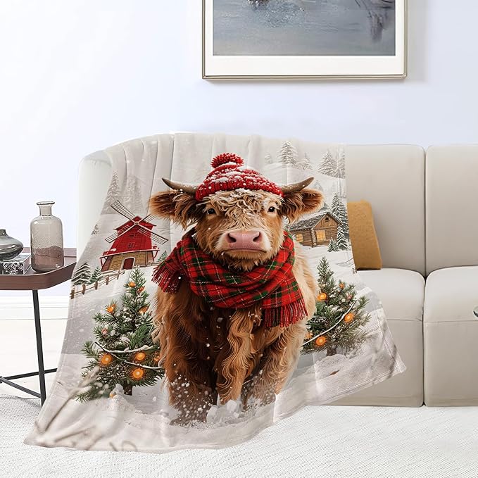 Highland Cow Blanket Christmas Cattle Throw Blanket Winter Snow Soft Cozy Fleece Fuzzy Stuffed Plush Farm Animal Flannel Gifts for Girls Women Boys Kids Adults 40''x50''