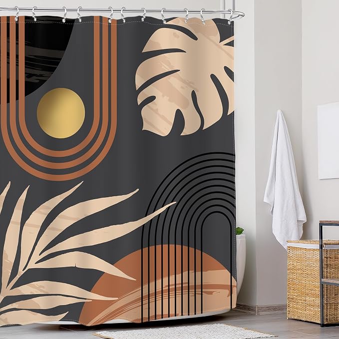Glawry Black Boho Mid Century Shower Curtain Abstract Beige Leaves Minimalist Simple Aesthetic Arch Sun Modern Bathroom Botanical 60Wx72L Inches Bath Accessories Art Home Decor Fabric 12 Pack Hooks