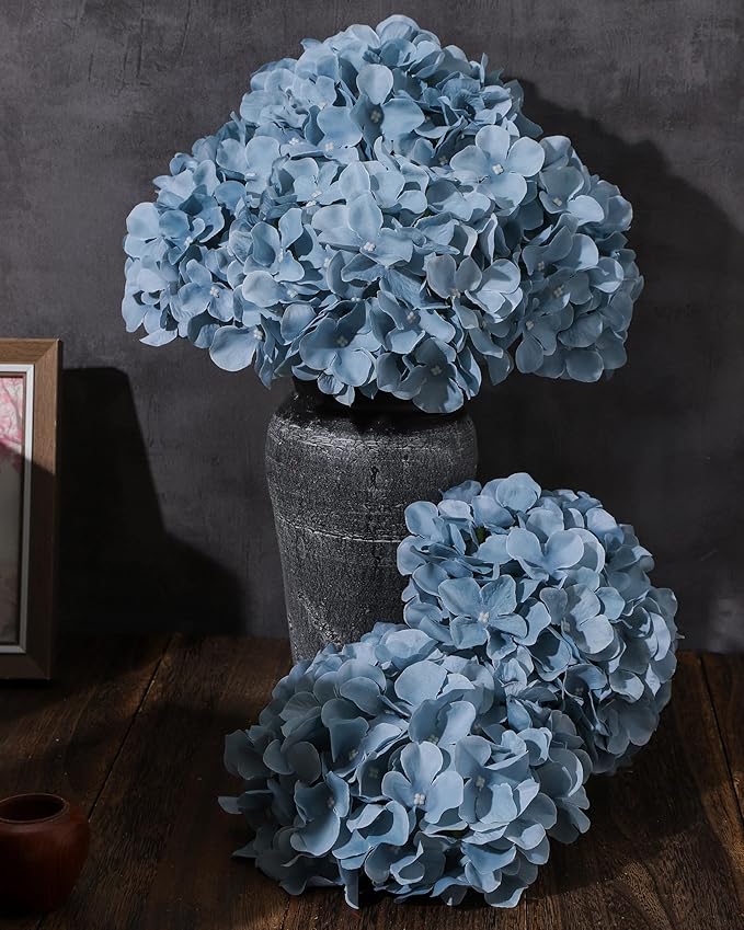DuHouse Silk Hydrangea Artificial Flower Heads with Stems Fake Hydrangeas Flowers for DIY Wedding Centerpiece Home Decor,Pack of 6 (Dusty Blue)