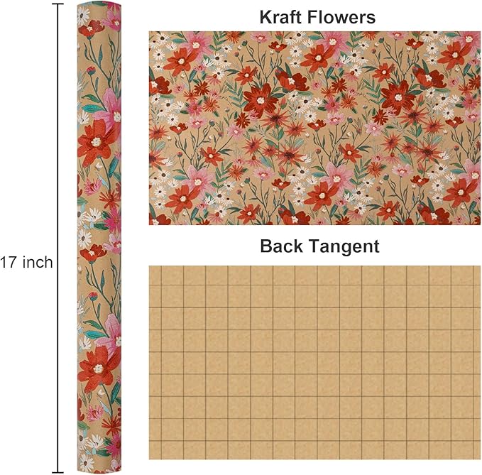 Burymento Kraft Daisy Flowers Wrapping Paper, Cut Auxiliary Line Design Gift Wrap for Baby Shower, Birthday, Valentines, Mothers day, Graduation, Wedding, Fathers day, Christmas (17 Inch X 32.8 Feet)