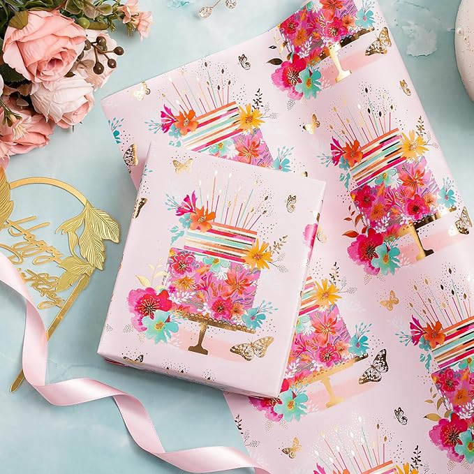 WRAPAHOLIC Foil Pink Birthday Wrapping Paper - Mini Roll - 17 Inch x 16.5 Feet - Floral Cake Wrapping Paper for Kids Girls Women Birthday, Baby Shower, Bridal Shower, Wedding