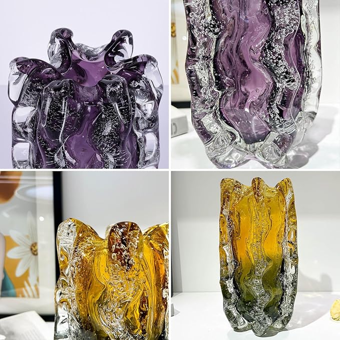 Blown Glass Bubble with Ruffled Edge Vase, Art Glass for Home Decor, Tall Vases for Centerpieces & Flowers, Crystal-Like for Bouquets & Pampas Grass, Vases Amber, Flower Bouquet Display (Yellow, L)