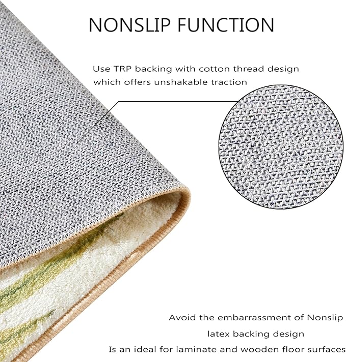 RoomTalks Mid Century Modern Washable Rug, Green Boho Cute Aesthetic 4x6 Area Rugs for Bedroom Dining Living Room Kitchen, Abstract Tropical Leaves Non Slip Thin Indoor Entryway Rug Throw Carpet