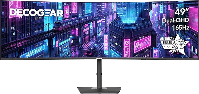 Deco Gear 49" Curved Ultrawide DQHD Monitor, 5120×1440 165Hz 1500R, USB-C 65W KVM, HDR Adaptive Sync, Dual HDMI 2.1, DP 1.4, Speakers, Ergonomic, American Seller