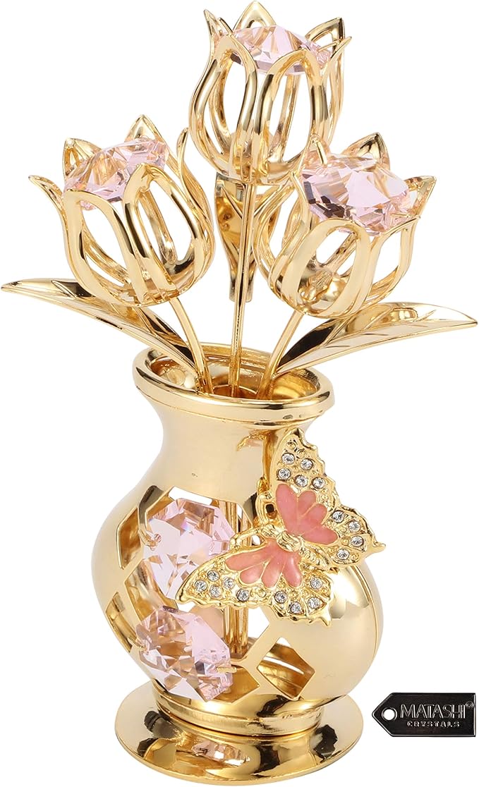 Matashi 24K Gold Plated Flower Ornament with Pink Crystals & Butterfly – Elegant Vase Décor – Perfect Christmas, Valentine’s for Her, Mom, Wife, Grandma