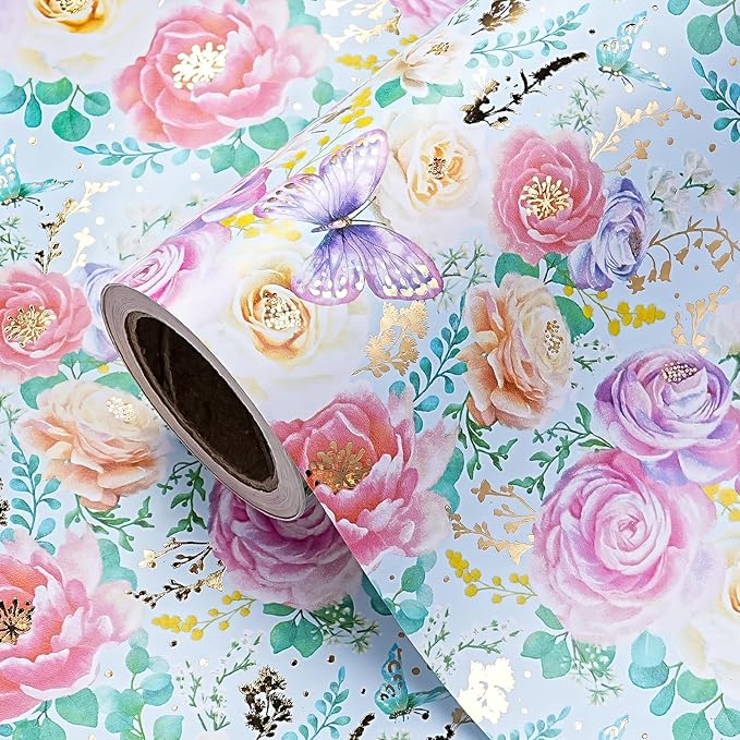 WRAPAHOLIC Floral Wrapping Paper Roll - Mini Roll - 17 Inch x 16.5 Feet - Elegant Gold Foil Butterfly and Flower Wrapping Paper Perfect for Wedding, Birthday, Bridal Shower, Tea Party