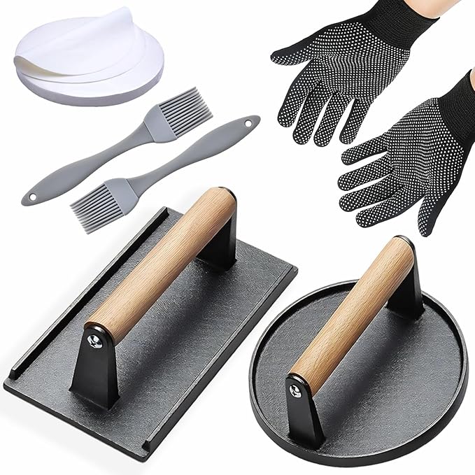 KUAWAK Smash Burger Press Kit 56 Pcs,grill press,7.9 Inch Cast iron hamburger smasher tool,Wood Handle Grill Press with and Griddle Accessories,Barbecues and Tailgates