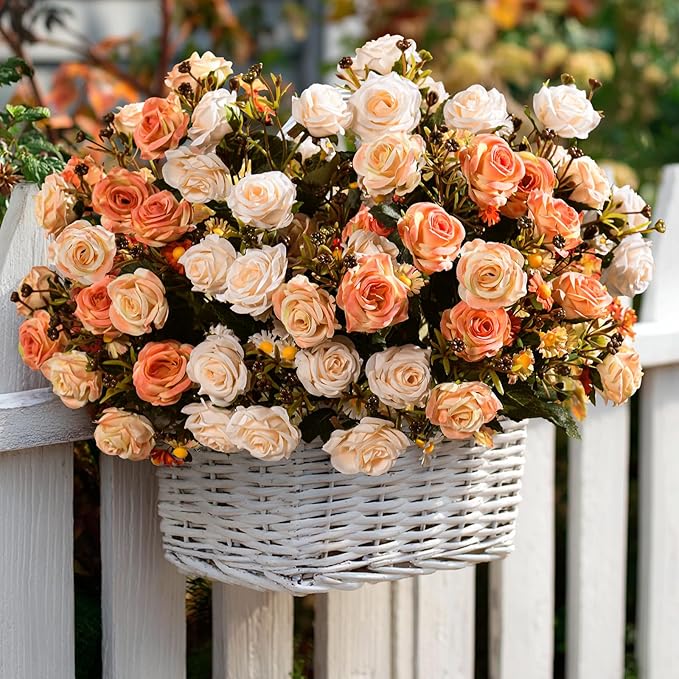 Artificial Rose Flowers for Outdoor 4 Bundles Rose Bouquet with Daisy Faux Flowers UV Resistant for Home Indoor Outside Garden Porch Window Box Balcony Yard Porch Decor (White+Orange)