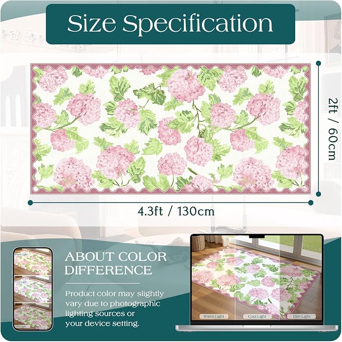 Front Door Mat Indoor Entrance - 2x4.3 Ft Spring Washable Layered Doormat Outdoor Entrance Porch Rug Non-Slip Pink White Floral Scalloped Runner Rug for Kitchen Bedroom Mudroom Porch Decor