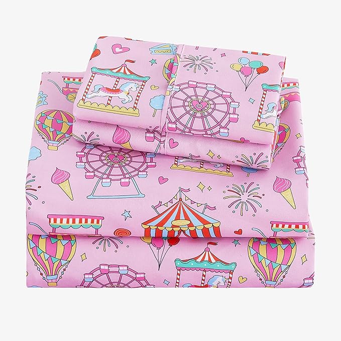 Viviland 3 Pieces Girls Pink Amusement Park Twin Sheet Set - Soft Microfiber Fitted Flat Sheets & Pillowcase - Kids Skyscraper Wheel Print Bedding Sets - for Kids & Toddlers