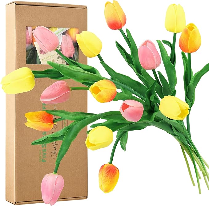 FiveSeasonStuff 15 Stems Real Touch Artificial Tulips – Lifelike Faux Flowers for Home, Weddings, Gifts & Spring Floral Décor (Festive Bloom – Orange, Yellow, Pink)