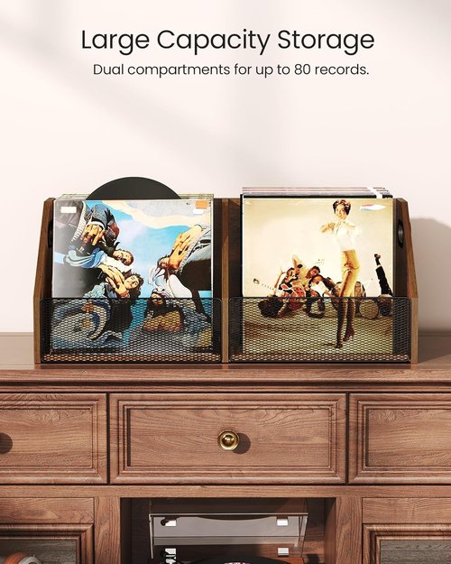 CHOEZON Vinyl Record Storage - Double-Compartment 27.6" Holder with Metal Mesh Organizer | Rustic Brown