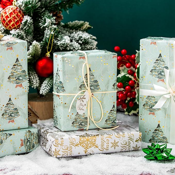 MAYPLUSS Christmas Wrapping Paper Roll, Green Tree Wrapping Paper, Watercolor Green Christmas Tree and Snowflake Gift Wrap w/Metallic Foil Shine for Holiday Gift Packaging (17 Inch X 16.5 Feet)