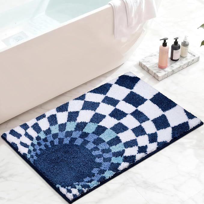 Funky Checkered Bath Mat, Non Slip Absorbent High Pile Tufted Checkerboard Rug for Bathroom Floor, Sink, Blue and White Aesthetic Rug, Machine Washable, 16"x24"