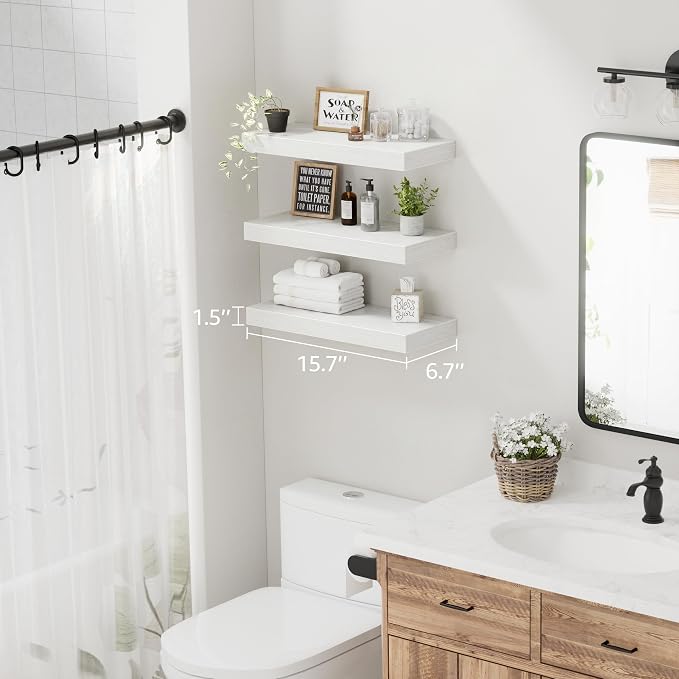 QEEIG Floating Shelves for Wall Bathroom Shelf Bedroom Kitchen Living Room Hanging Book Shelves Small Farmhouse Decor 16 inch Set of 3, White (015-W3)