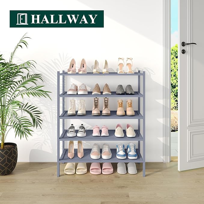Smiry Bamboo Shoe Rack, 5 Tier Shoe Organizer for Entryway & Closet, Stackable Free Standing Storage Shelf for Shoes, Bags & Plants, Grey