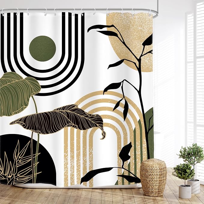 Glawry Green Gold Abstract Mid Century Shower Curtain Boho Retro Tropical Palm Sun Arch Minimalist Bathroom Modern Aesthetic Geometric 60Wx72L Inches Bath Accessories Home Decor Fabric 12 Pack Hooks