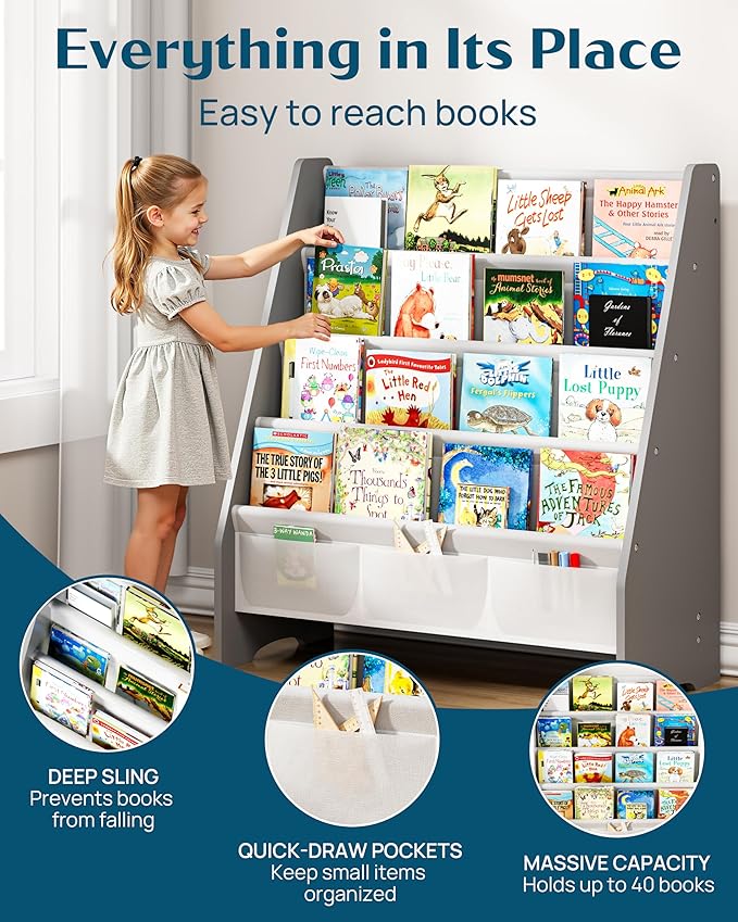 SEIRIONE Sturdy Kids Bookshelf,4-Tier Book Shelf for Kids Room with Tear-Proof Oxford Fabric-Nursery Room Playroom Classroom,Deep Slings to Keep Books Upright,Ideal Height for Toddler Age 3+, Grey