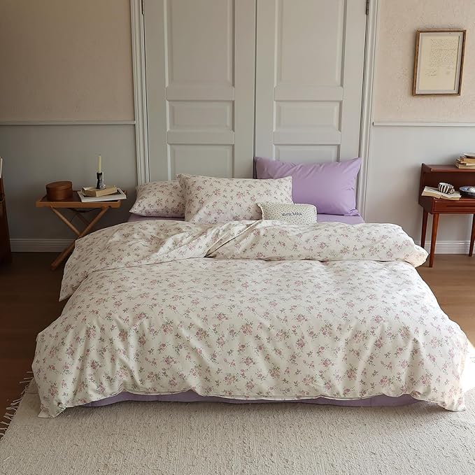 EAVD Vintage Style Pink Purple Floral Duvet Cover King Soft White Soft Cotton Chic Garden Floral Bedding Set with 2 Pillowcases Reversible Floral Print Comforter Cover with Zipper Closure