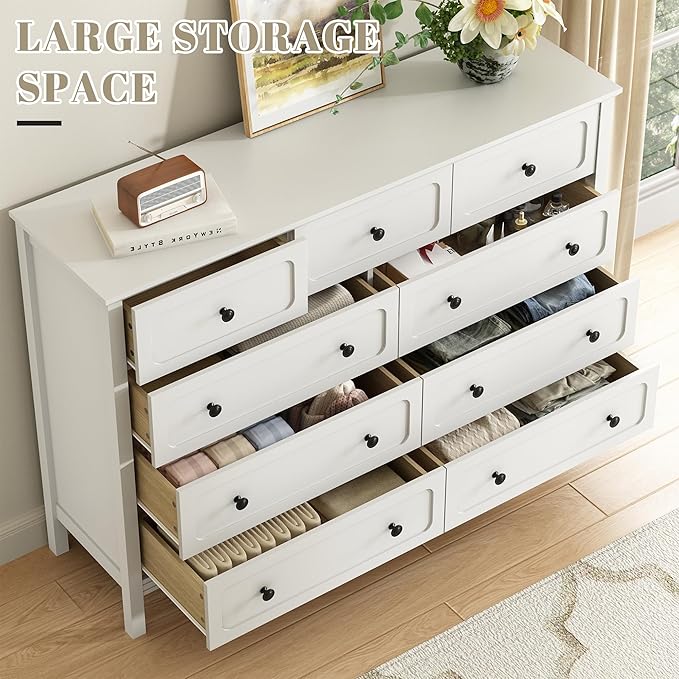 CARPETNAL White Dresser for Bedroom, 55" Wide 9 Drawer Dresser with Metal Handles and Deep Drawers, Modern Large Wood Chest of Drawers for Living Room, Hallway.