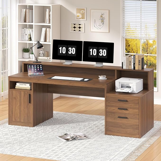 Computer Desk with 3 Drawers & Storage Shelves, 65 Inch Home Office Desk with File Drawer & Cabinet, Writing Study Desks with Monitor Stand & Printer Shelf, Executive Desk, Brown