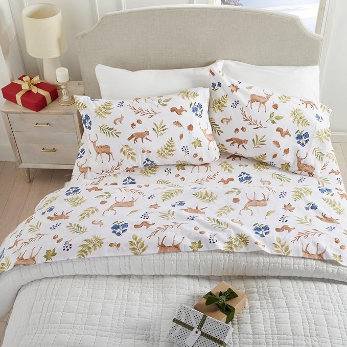 Market & Place 100% Cotton Full Flannel Sheet Set | 4 Piece Deep Pocket Novelty Cozy Winter Bed Sheets | Double Brushed for Extra Softness & Comfort | Alpine Collection (Full, Woodland Forest)