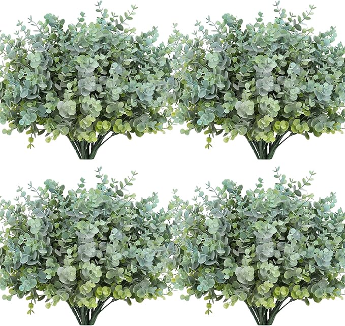 RECUTMS 12 Bundles Artificial Bushes Greenery Plants Stems Faux Shrubs Boxwood Plants Outdoor UV Resistant Fake Eucalyptus for Farmhouse Home Wedding Patio Backyard Indoor Outdoor Decor(Dusty Blue)