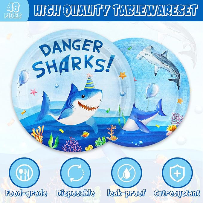 48Pcs Shark Birthday Party Decorations Include Plates Napkins Forks for Baby Shower Summer Pool Party Decor Serves 16 Guests